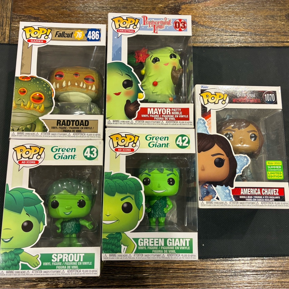 Funko Pop Games, Ad Icons, and Marvel. Green Giant, Fallout, and Doctor Strange